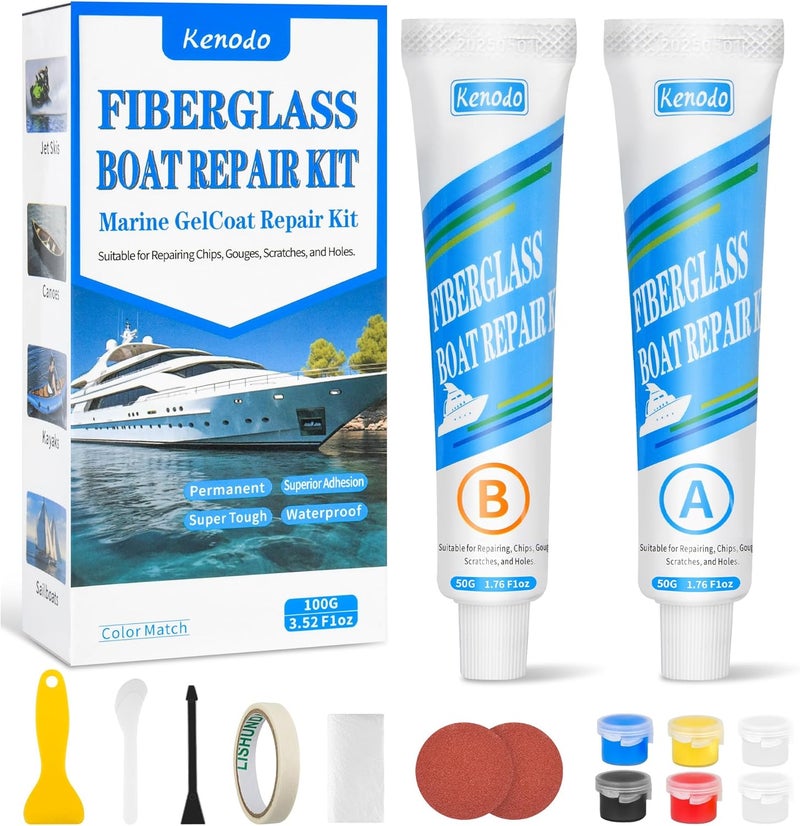 VerdeVilla Marine Fiberglass Repair Kit for Boats, Gel Coat Kepair kit for Boats, Epoxy Filler for Repairs Cracks, Scratches, Debris, Holes, Gaps, Suitable for Fiberglass, Acrylic, Porcelain 100g-1.76oz - Image 1